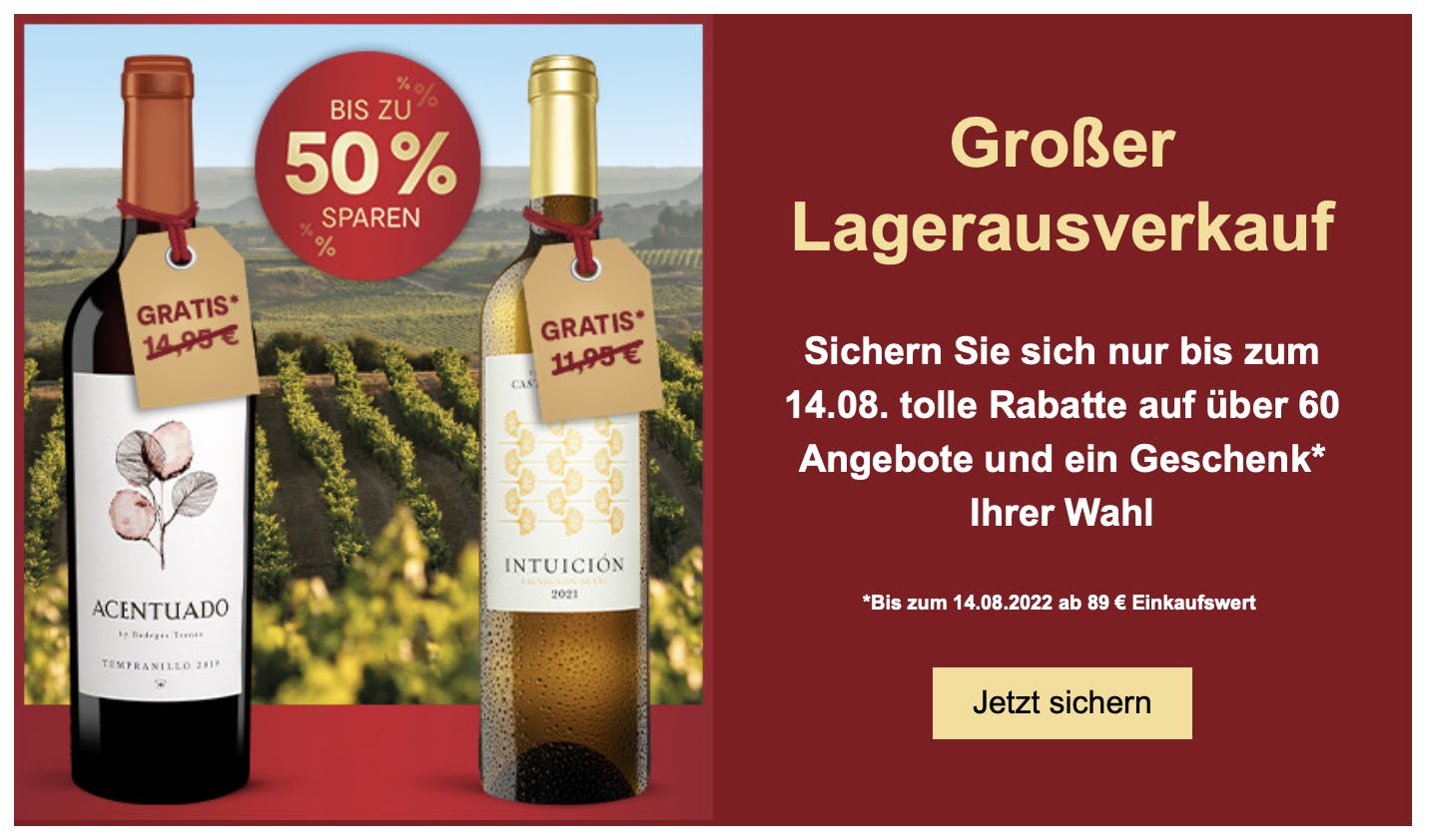Lagerausverkauf bei Vinos DE - bis zu 50% reduziert + ein Geschenk Ihrer Wahl